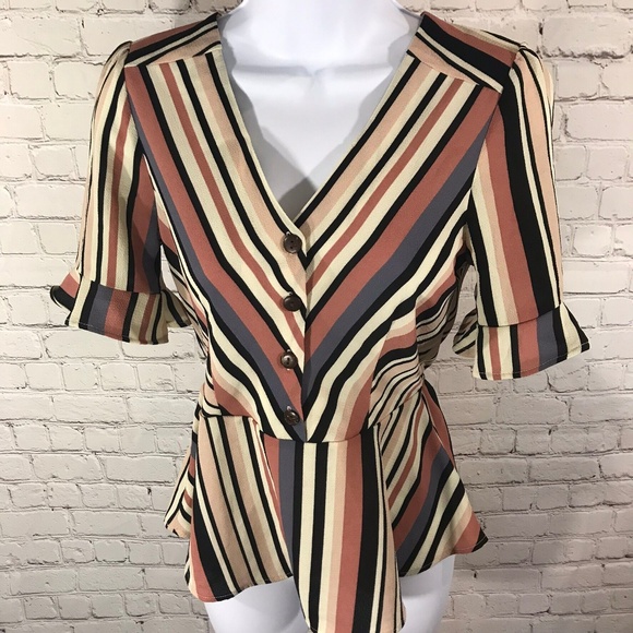 Monteau Tops - Monteau Half Button Mixed Stripes Peplum Top Sz S